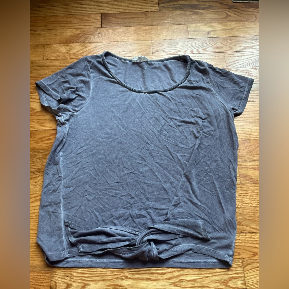 dark grey t shirt with knot at the bottom